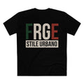 Black t-shirt with 'FRGE STILE URBANO' text in red and green on the back.