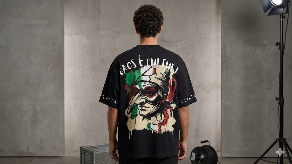 Person wearing a black t-shirt with a graphic design and text, standing in a studio setting.