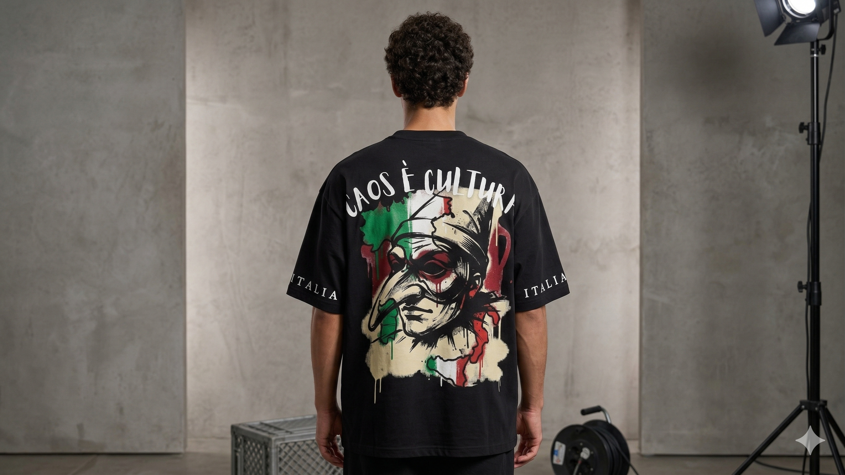 Person wearing a black t-shirt with a graphic design and text, standing in a studio setting.