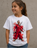 Collage of a person and children wearing white t-shirts with a red graphic design.