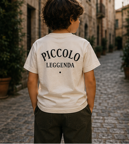 Collage of children wearing 'PICCOLO LEGGENDA' t-shirts with FRGE BAMBINI branding.