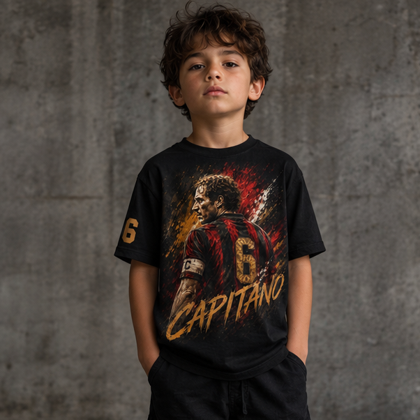 A five-panel collage showing children and an adult modeling a black graphic T-shirt against a textured gray studio backdrop. The shirt features a large fiery red, orange, and yellow graphic with the number 6 and the word 'Capitáno' on the front, plus matching sleeve and back graphics.