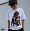 Collage of a person wearing a white t-shirt with a graphic design, shown from front and back views, and on a street.