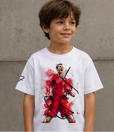 Collage of a person and children wearing white t-shirts with a red graphic design.