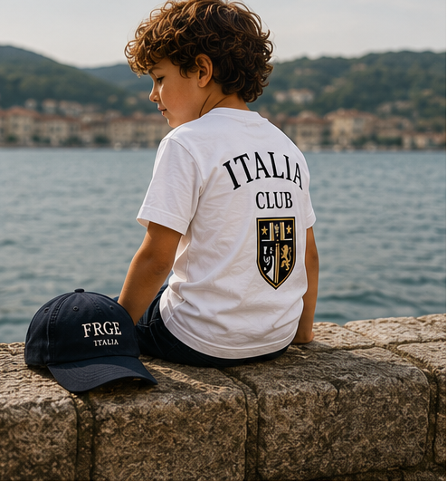 Collage of children wearing 'Club Italia' t-shirts with scenic backgrounds.