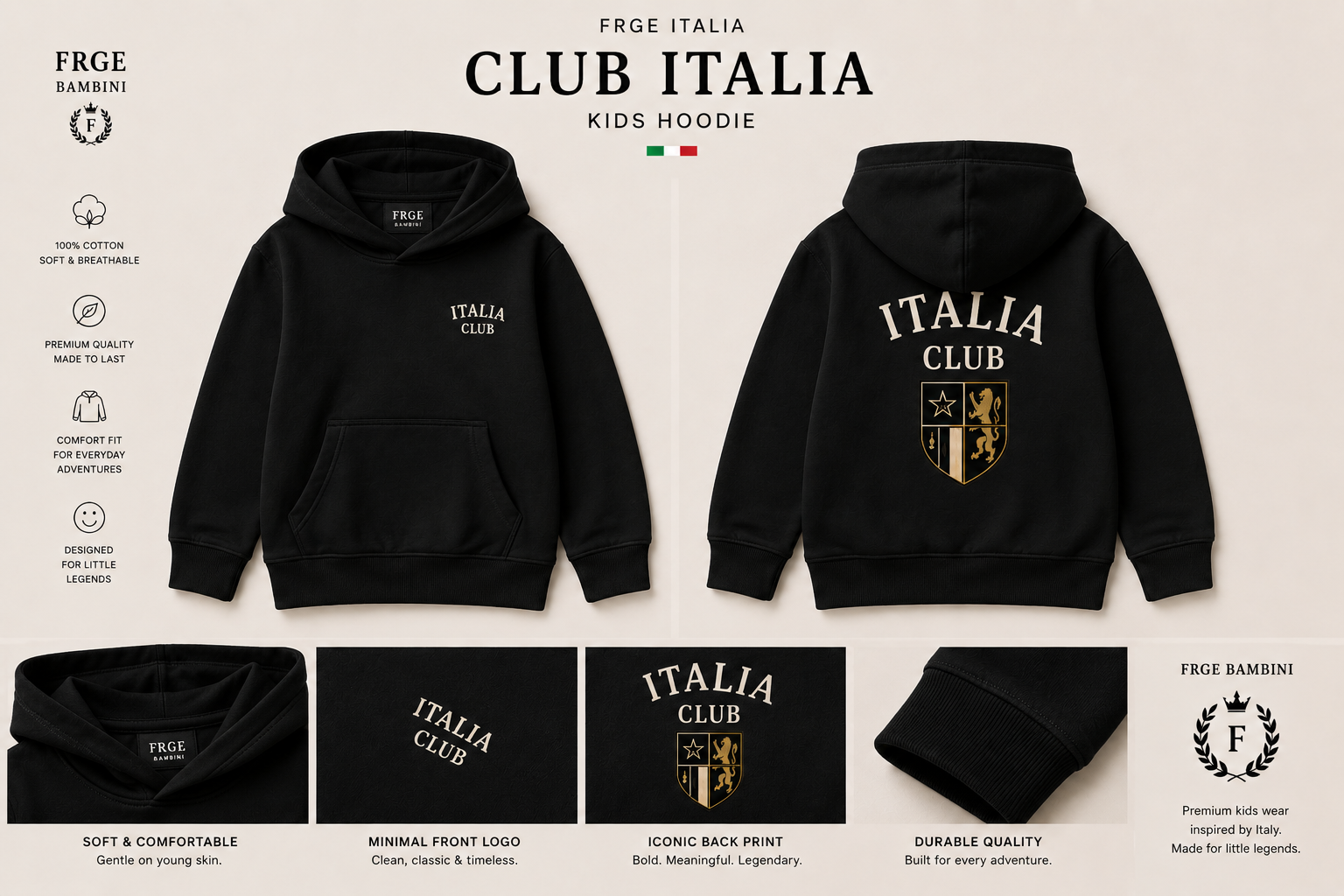 CLUB ITALIA Kids Hoodie – Black | FRGE Italia