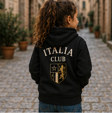 Collage of children wearing black 'Club Italia' hoodies with scenic backgrounds.