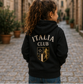 Collage of children wearing black 'Club Italia' hoodies with scenic backgrounds.
