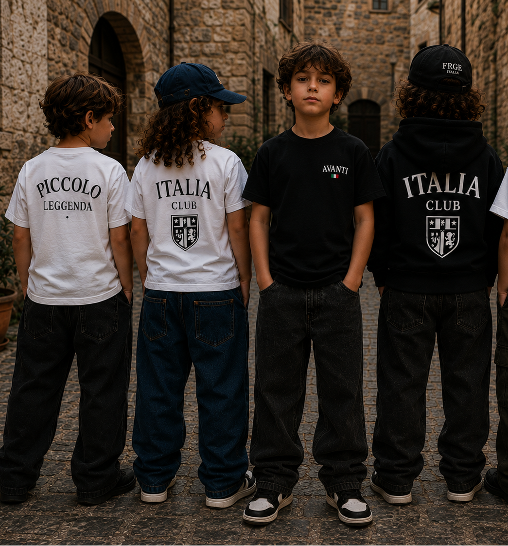 Five children wearing branded clothing in an outdoor setting.