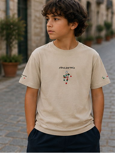 Beige t-shirt with brand logo and graphics, shown from front, back, and side views, worn by a child.