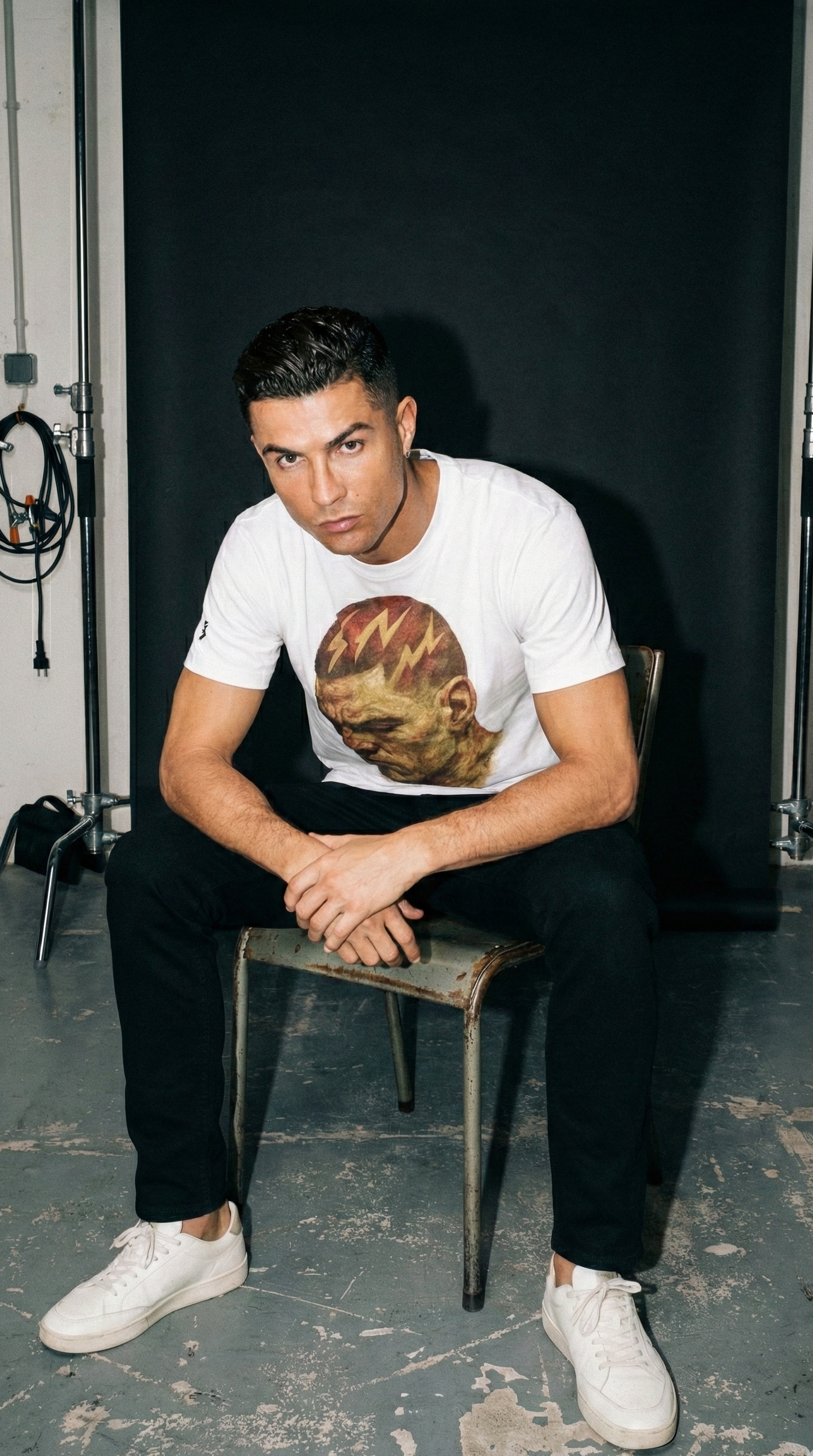Man sitting on a chair wearing a white t-shirt with a graphic design, in a studio setting.