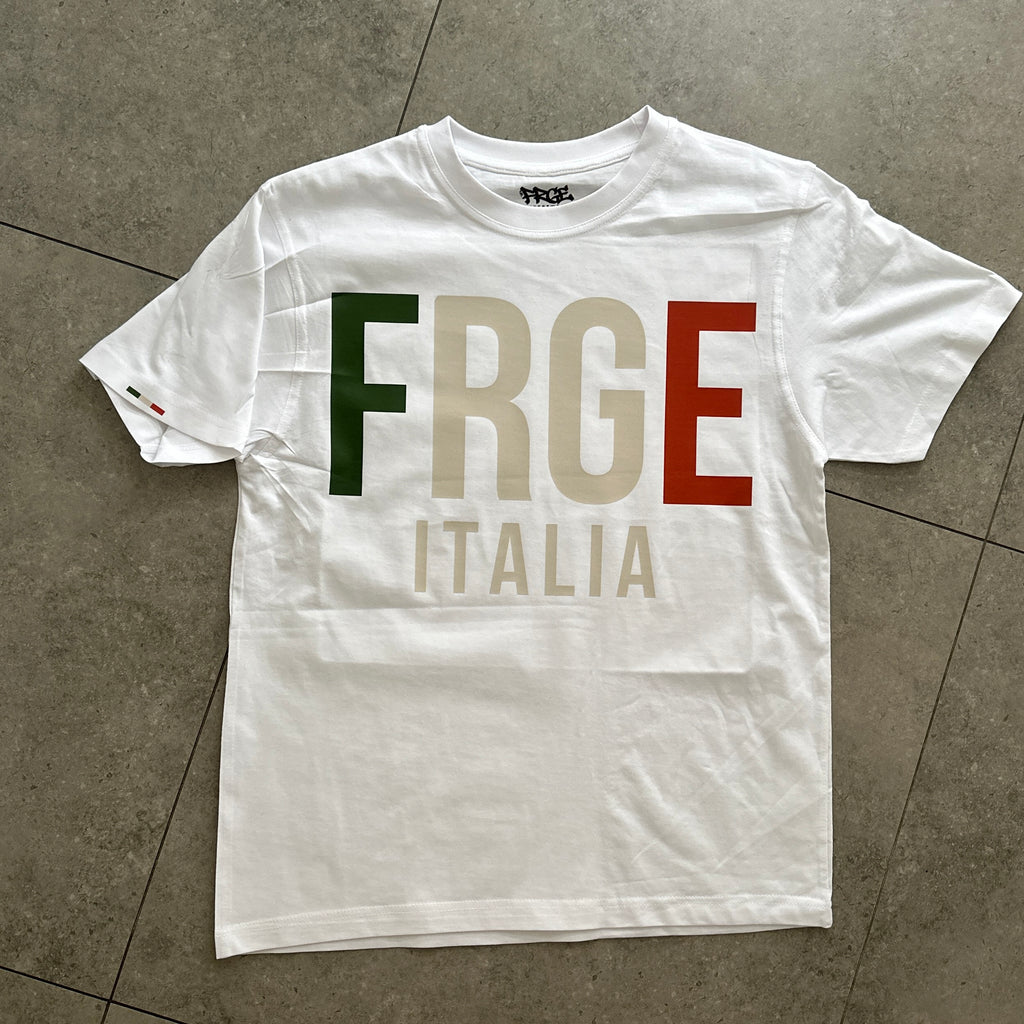 White t-shirt with 'FRGE ITALIA' printed in green, red, and gray letters on the front.