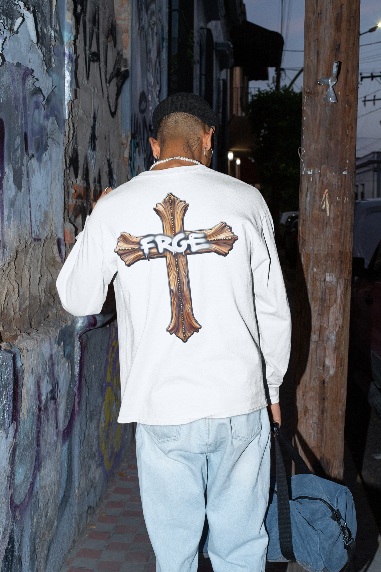 Unisex Long Sleeve Tee with Graffiti Cross Design - Perfect for Casual Wear and Spiritual Expression FRGE Long-sleeve