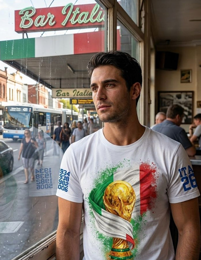 Man wearing a white t-shirt with a colorful design, standing in front of a window with 'Bar Italia' sign.