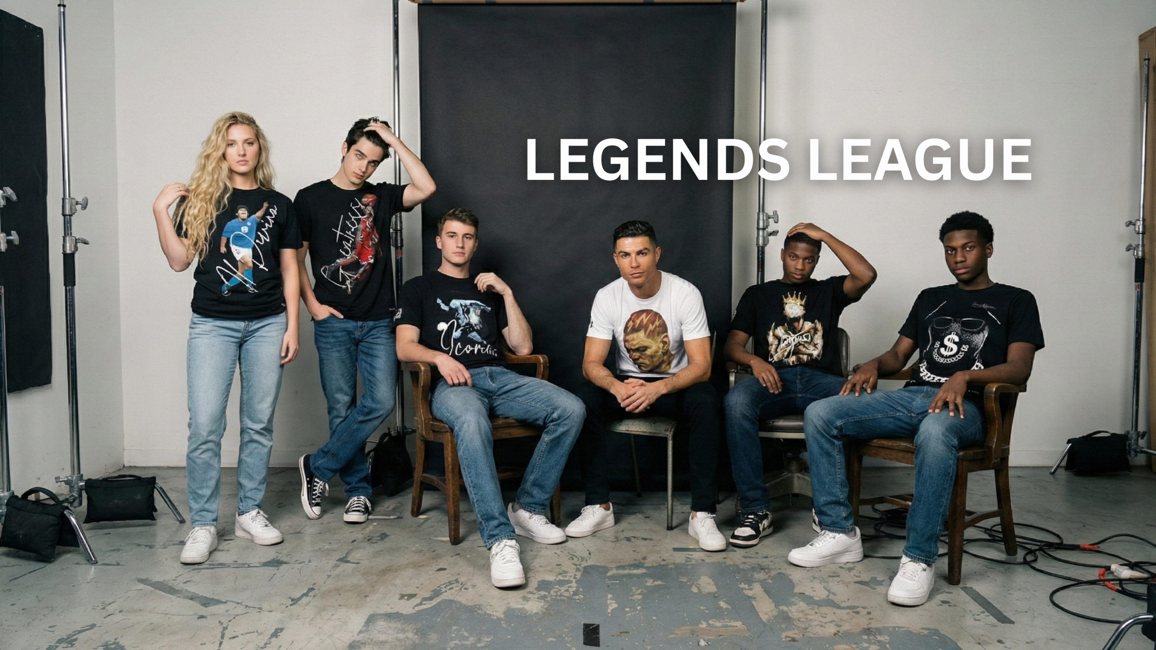 Group of people wearing matching t-shirts with 'Legends League' branding in a studio setting.