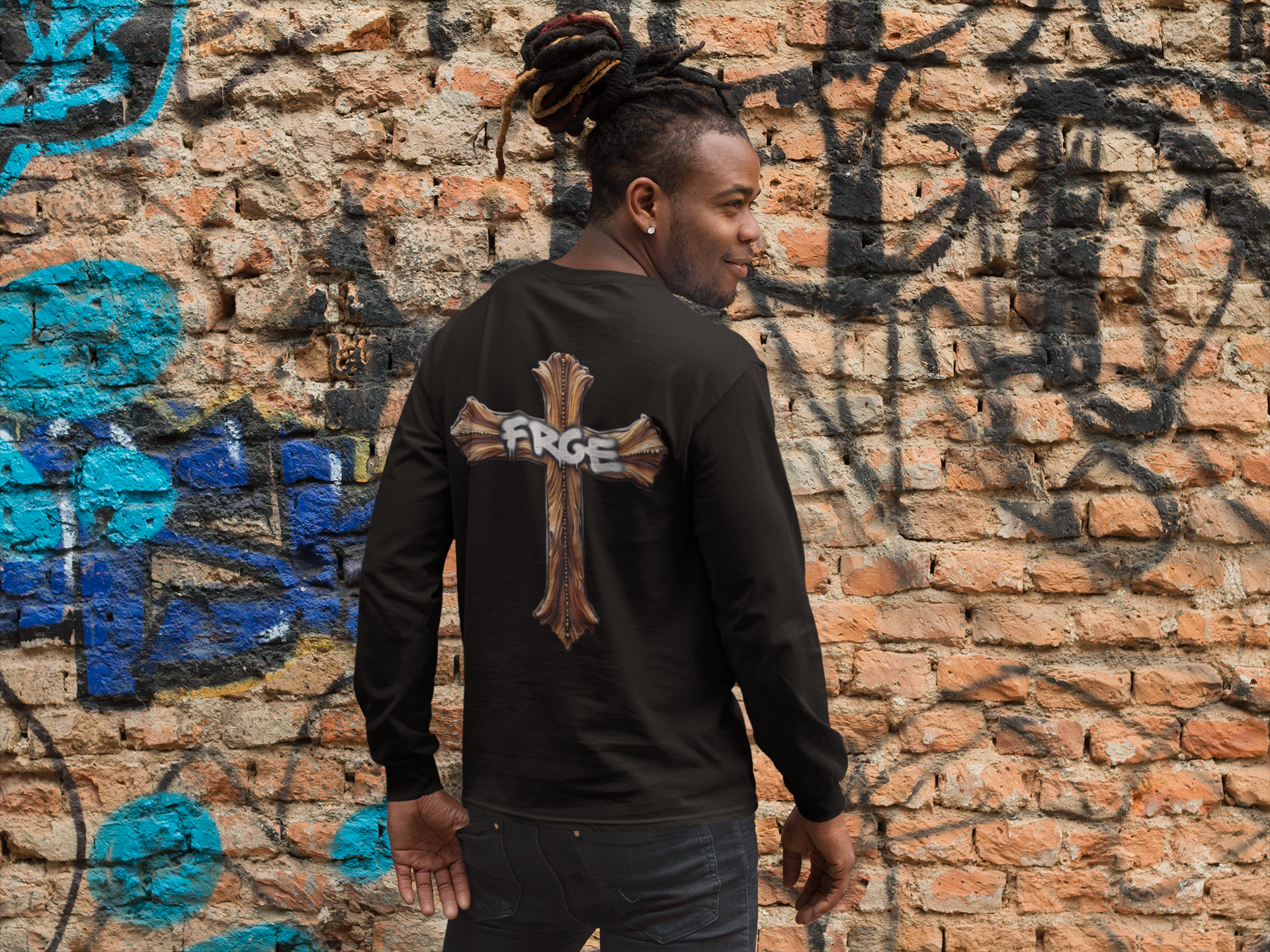 Unisex Long Sleeve Tee with Graffiti Cross Design - Perfect for Casual Wear and Spiritual Expression FRGE Long-sleeve