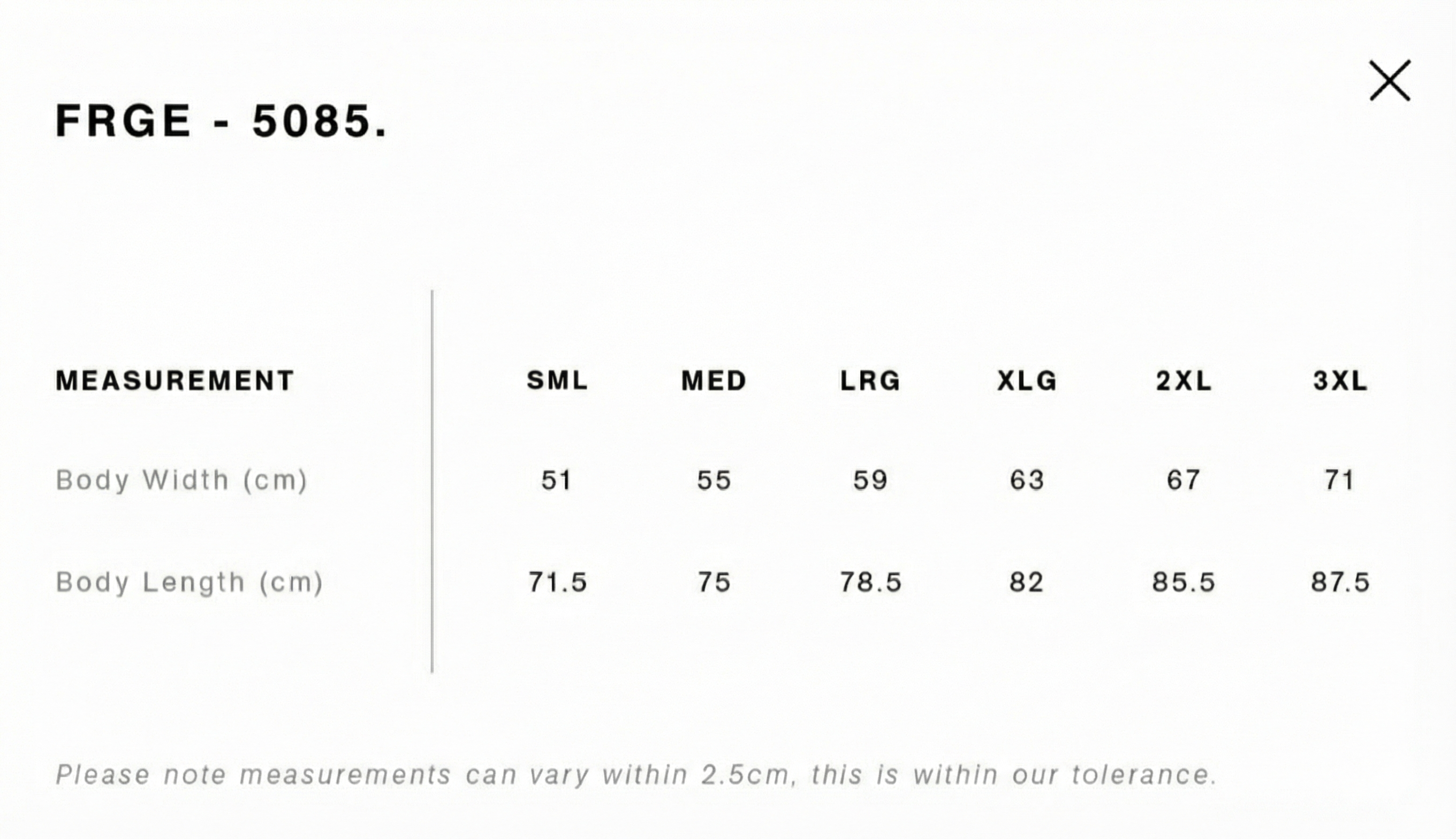 Measurement chart for clothing sizes with body width and length dimensions.